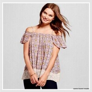 XHILARATION NWT Cold Shoulder PEASANT Top Juniors XL Tank Pink Print Boho Hippie